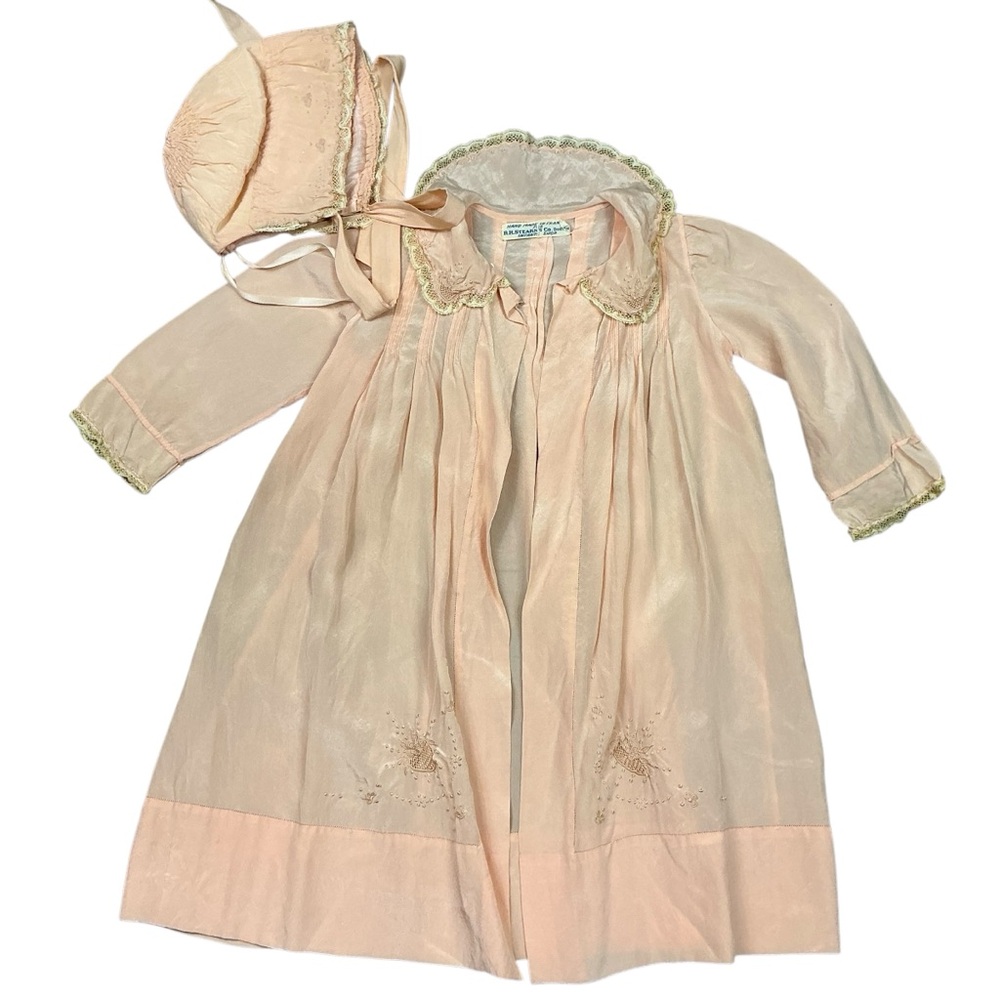 Vintage 1920s R.H. Stearns Boston pink infant robe and cap handmade in France